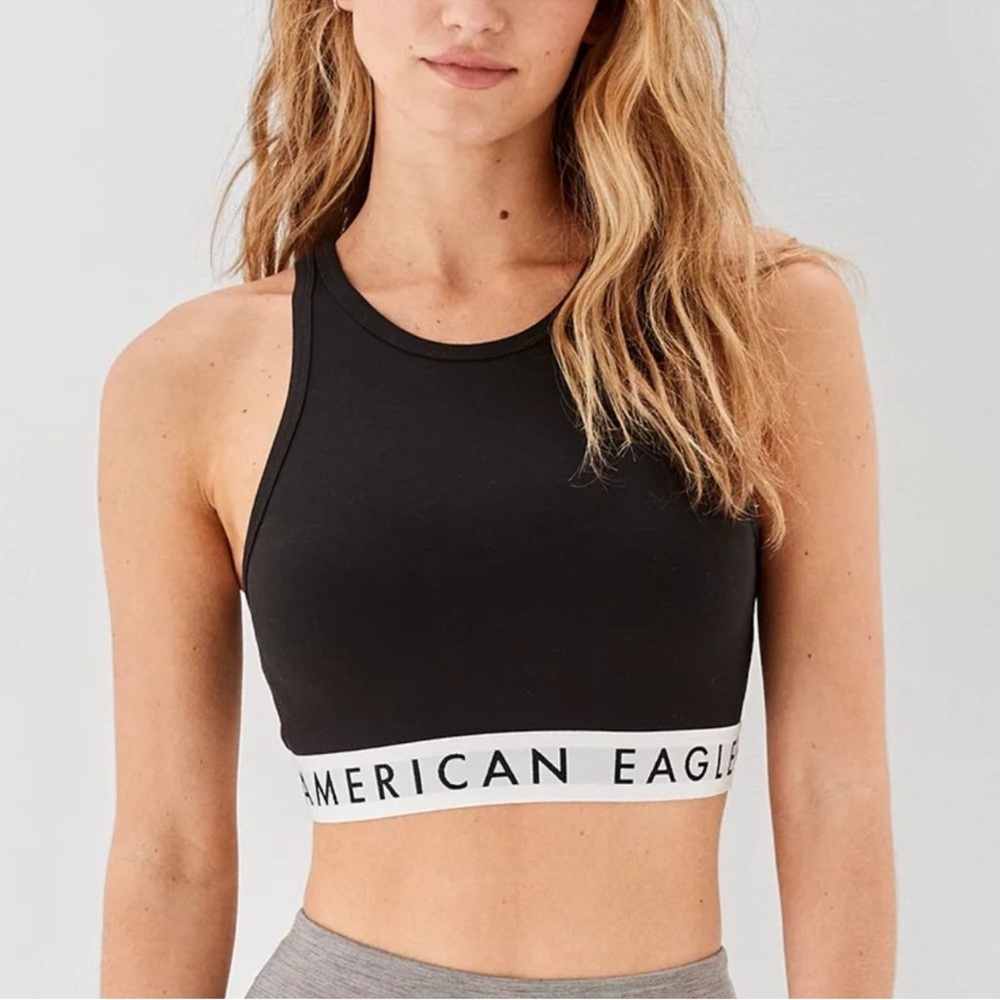 American Eagle Outfitters Black High-Neck Cropped Tank with White Logo Ban